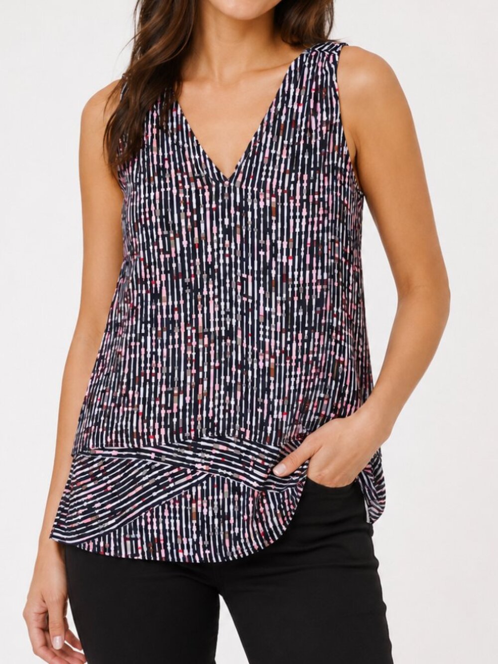 White House Black Market Layered Sleeveless Blouse XXS Black Pink Stripe